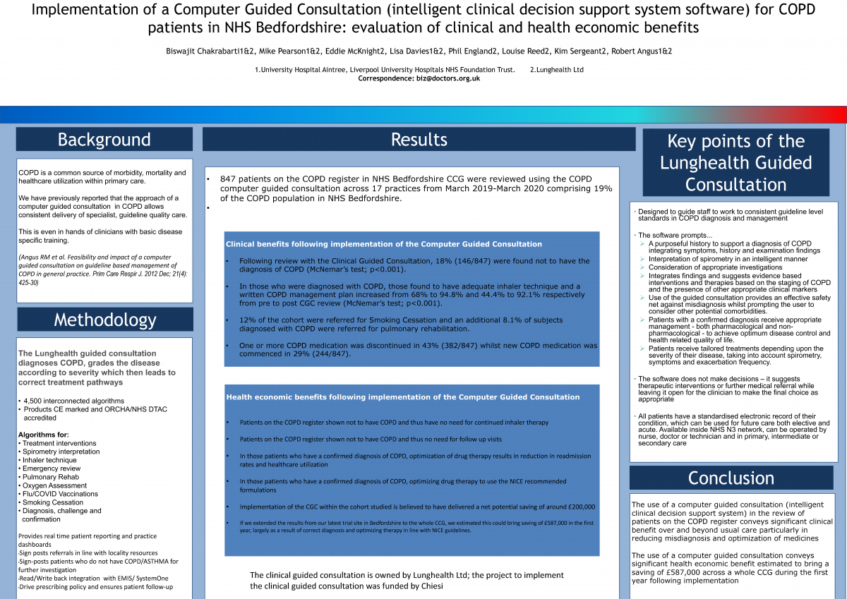 Abstract poster - Implementation of a Computer Guided Consultation (intelligent clinical decision support system software) for COPD patients in NHS Bedfordshire: evaluation of clinical and health economic benefits (ID 296)